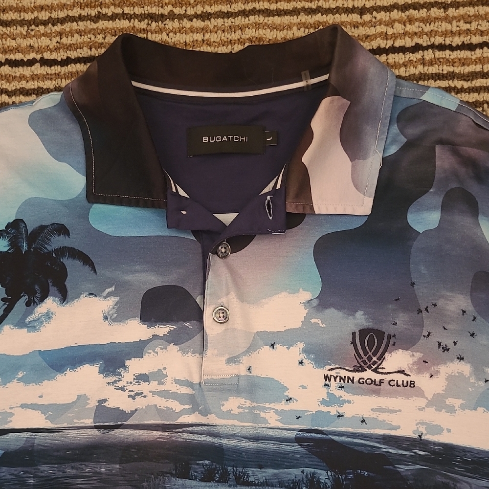 BUGATCHI x Wynn Golf Club Blue White Black Beach Cotton L Mens Golf Polo Shirt